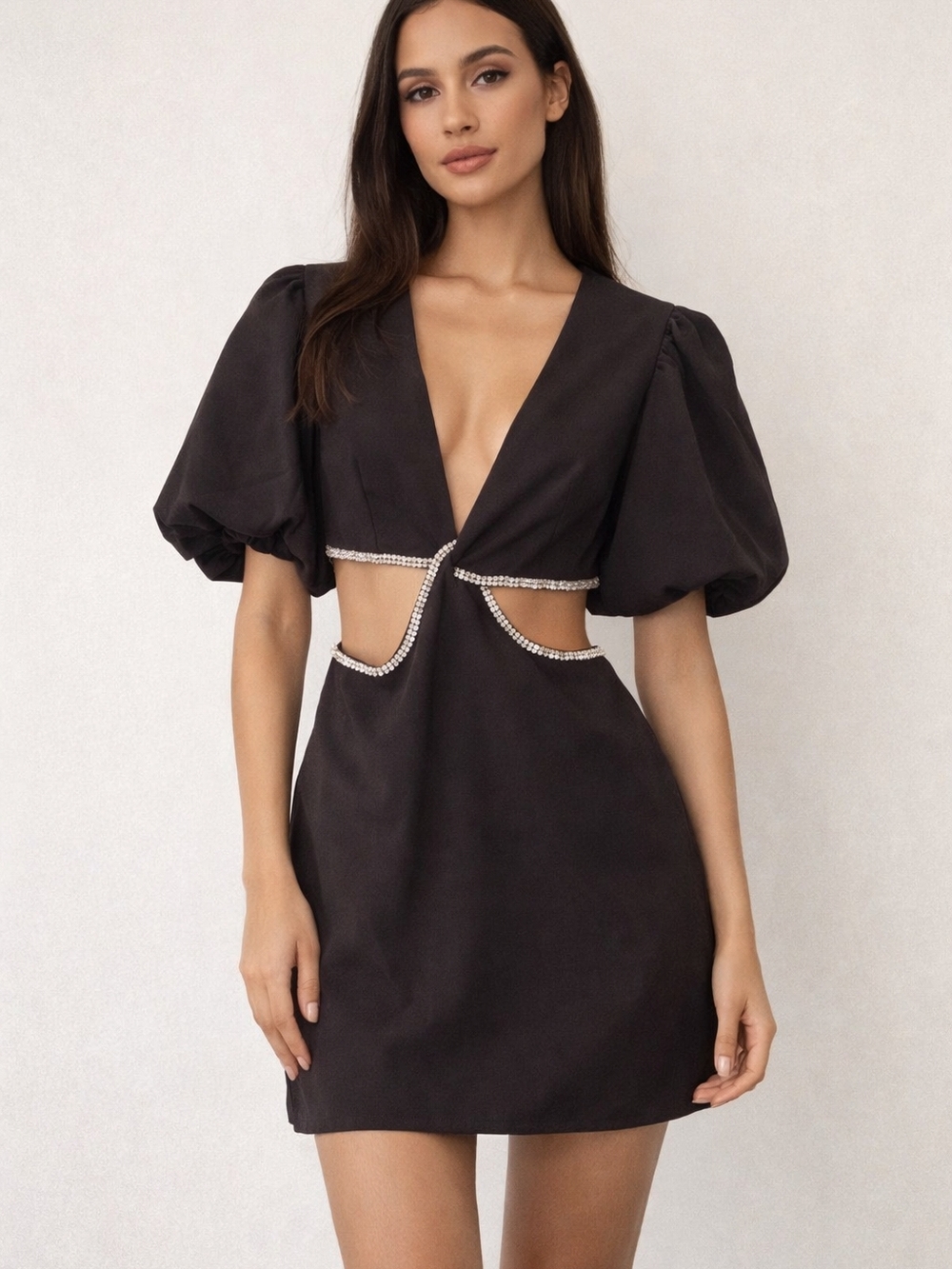 Black Puff-Sleeve Mini Dress with Rhinestone Waist Cutouts